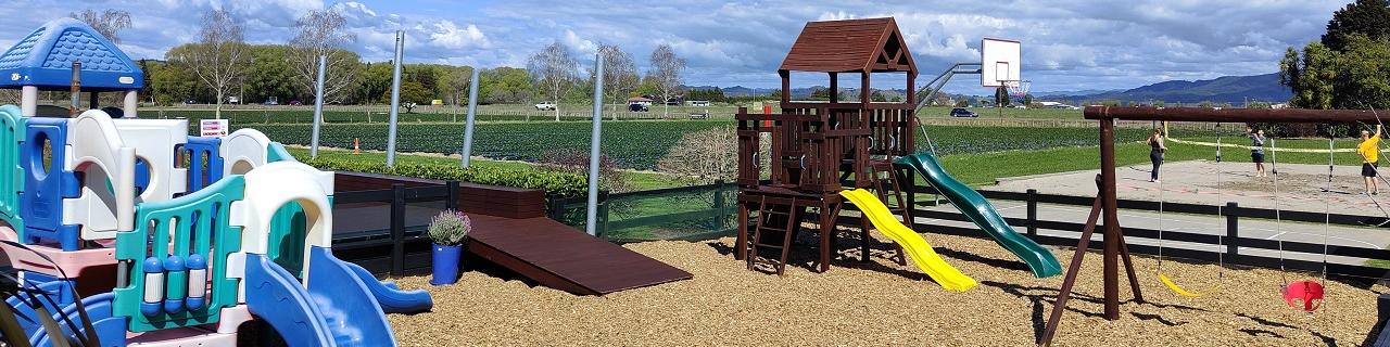 Playground, basketball court and beach volleyball at Julians Berry Farm Whakatane